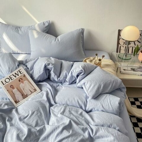 LUNAHOME-Queen size 6 Pieces bedding Set, Washable Cotton Light Blue  Color.