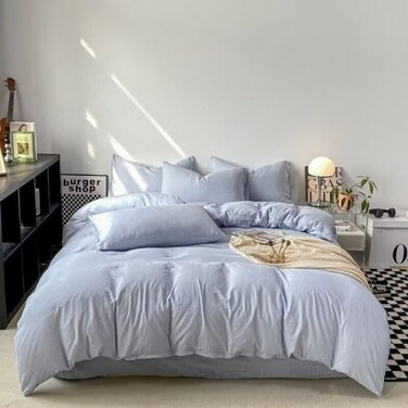 LUNAHOME-Queen size 6 Pieces bedding Set, Washable Cotton Light Blue  Color.