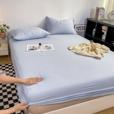 LUNAHOME-3 Pieces Fitted Bedsheet Set, Washable Cotton, Light Blue Color, King Size