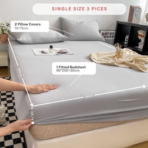 LUNAHOME-3 Pieces Fitted Bedsheet Set, Washable Cotton, Light Grey Color, Single Size.