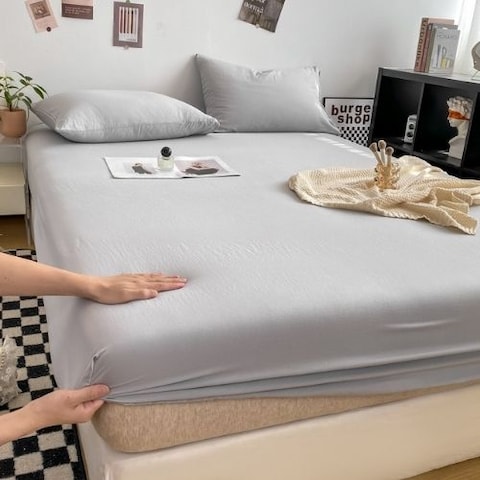 LUNAHOME-3 Pieces Fitted Bedsheet Set, Washable Cotton, Light Grey Color, Single Size.