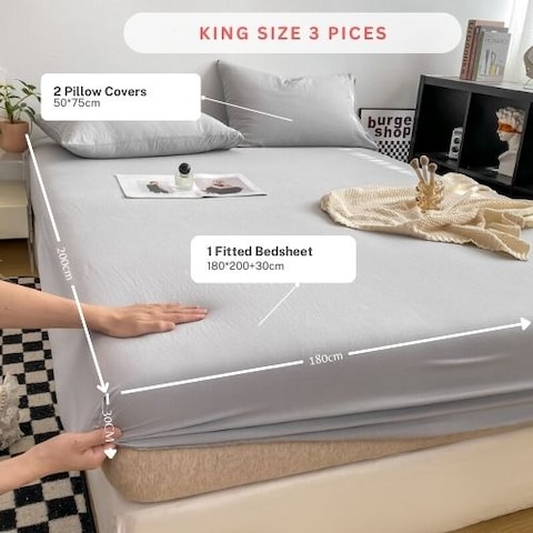 LUNAHOME-3 Pieces Fitted Bedsheet Set, Washable Cotton, Light Grey Color, King Size.