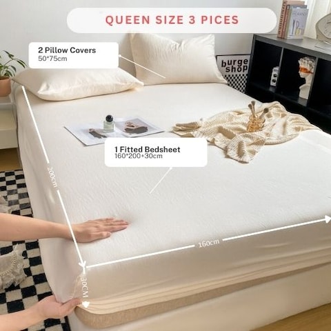 LUNAHOME-3 Pieces Fitted Bedsheet Set, Washable Cotton, Milky White Color, Queen Size.