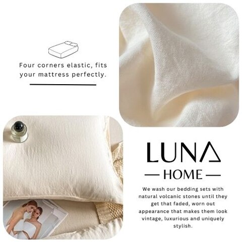 LUNAHOME-3 Pieces Fitted Bedsheet Set, Washable Cotton, Milky White Color, Queen Size.