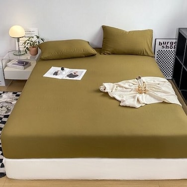 LUNAHOME-3 Pieces Fitted Bedsheet Set, Washable Cotton, Khaki Color, King Size.