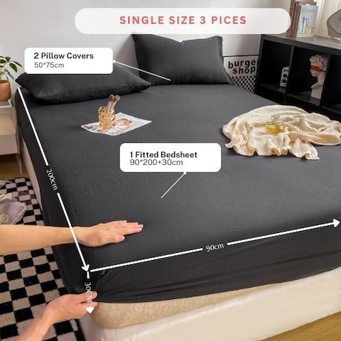 LUNAHOME-3 Pieces Fitted Bedsheet Set, Washable Cotton, Black Color, Single Size.