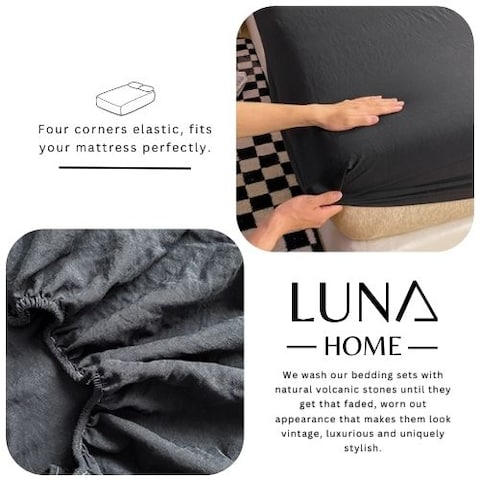 LUNAHOME-3 Pieces Fitted Bedsheet Set, Washable Cotton, Black Color, Single Size.