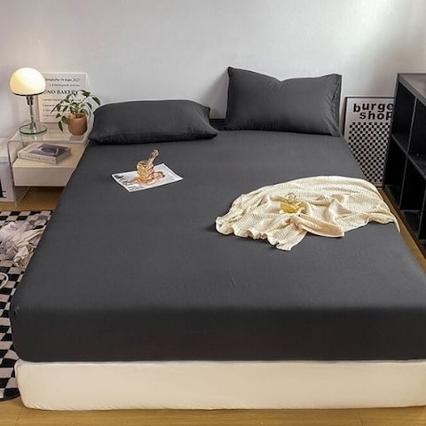 LUNAHOME-3 Pieces Fitted Bedsheet Set, Washable Cotton, Black Color, Single Size.