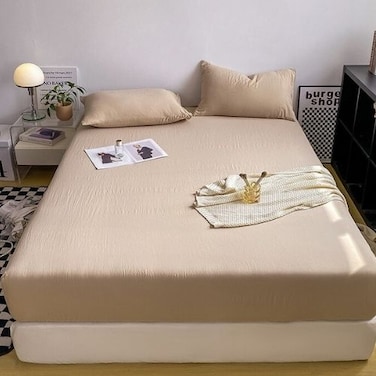 LUNAHOME-3 Pieces Fitted Bedsheet Set, Washable Cotton, Beige Color, Single Size.