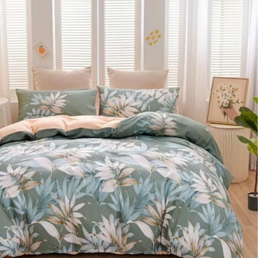 LUNAHOME-Queen size 6 piece bedding set with green leaf pattern, very soft quality