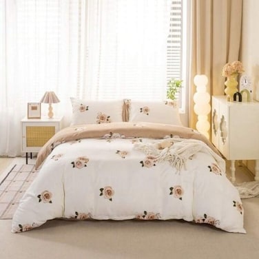 LUNA Home-Queen 6-piece beige duvet cover set featuring a beautiful rose design and reversible style.