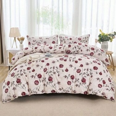 LUNA Home-Queen size 6-piece duvet cover set beige with vintage red rose print
