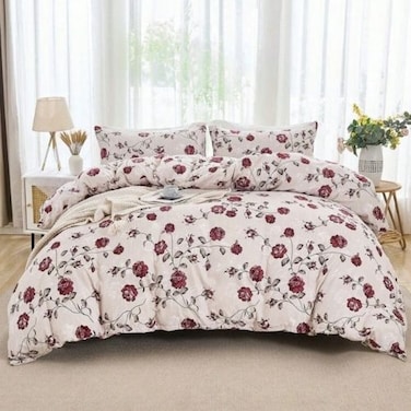 LUNA Home-King size 6-piece duvet cover set beige with vintage red rose print.