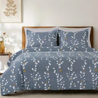 LUNA Home-Queen size 6-piece duvet cover set grey yellow branches print pattern.