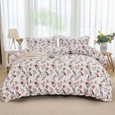 LUNA Home-Queen size 6-piece trendy red floral duvet cover set, white color.