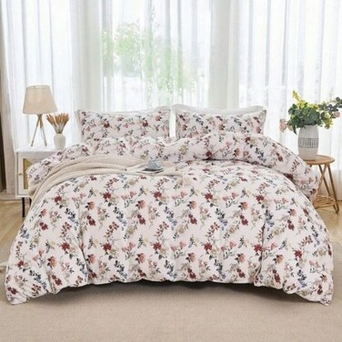 LUNA Home-King size 6-piece trendy red floral duvet cover set, white color.