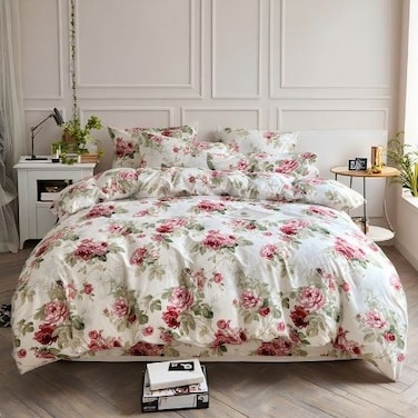 LUNAHOME-King size 6-piece  duvet cover set rose print with green leaves.