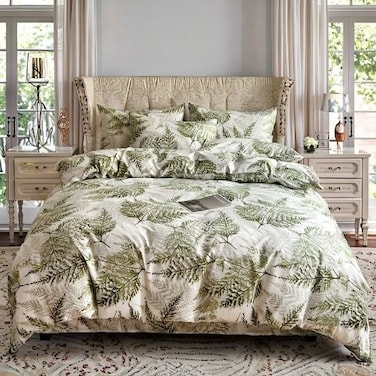 Luna Home-Queen size 6-piece modern duvet cover set with green leaf pattern.