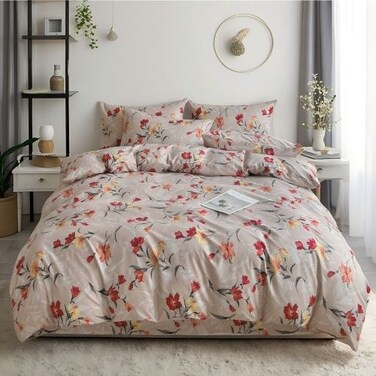 Luna Home-Queen size 6-piece modern duvet cover set with orange floaral design.