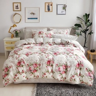 Luna Home-King size 6-piece duvet cover set with Burgundy roses, reversible style.