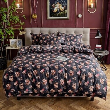 Luna Home-Queen size 6-piece duvet cover set featuring a charming vintage print, brown color.