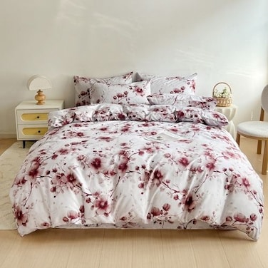Luna Home-Queen size 6-piece duvet cover set featuring a Sakura Dusty Pink print on a white background.