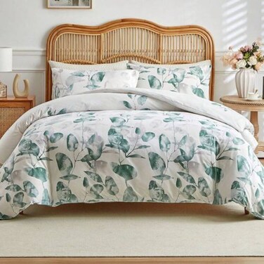 LUNA Home-King size 6 piece bedding set, with green and grey leaves.