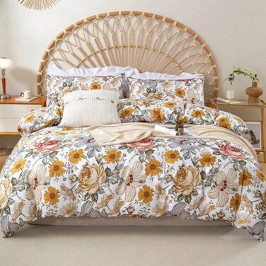 LUNA Home-Queen size 6 pieces duvet cover set, brown floral pattern, boho style.