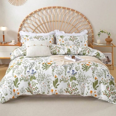 LUNA Home-Queen size 6 pieces duvet cover set, plant pattern with yellow floral design.