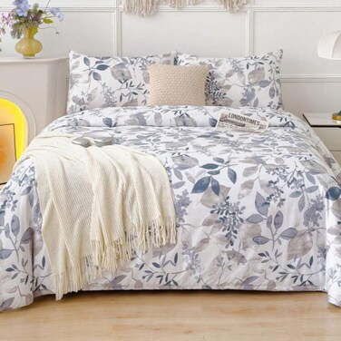 LUNA Home-King size 6 pieces bedding set, grey and blue  leaf floral pattern soft skin frendly duvet cover set.