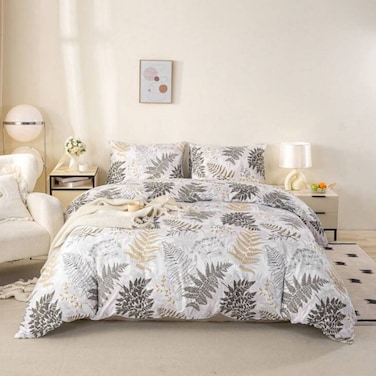 LUNA Home-Queen size 6 pieces duvet cover set with brown leaf pattern.