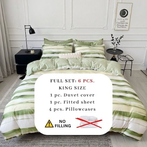 LUNAHOME-King size, 6-piece, reversible duvet cover set featuring a striped design in a vibrant green color