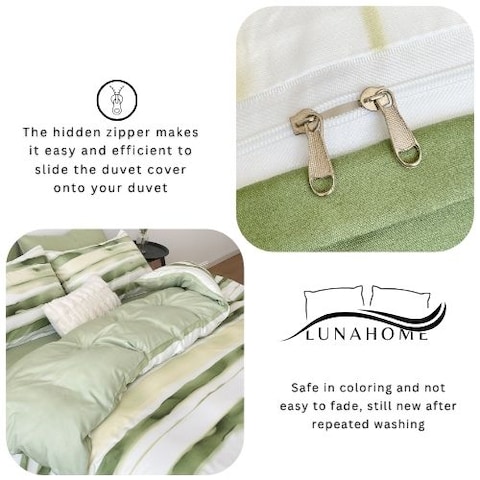 LUNAHOME-King size, 6-piece, reversible duvet cover set featuring a striped design in a vibrant green color