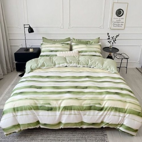 LUNAHOME-King size, 6-piece, reversible duvet cover set featuring a striped design in a vibrant green color