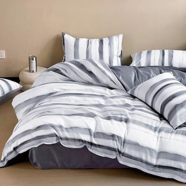 LUNA Home-Single size, 4-piece, reversible duvet cover set featuring a striped design in a vibrant gray color