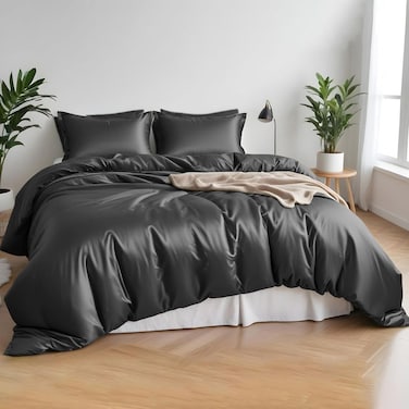 LUNA Home-Duvet Cover King Size - 100% Bamboo Satin Silky Duvet Cover Set - 6 PCS Cooling Duvet Cover 220x240CM &amp; 4 Pillowcases 50x75CM, 1 Fitted Bedsheet 200x200+30CM, Grey color.
