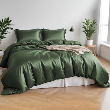 LUNA Home-Duvet Cover King Size - 100% Bamboo Satin Silky Duvet Cover Set - 6 PCS Cooling Duvet Cover 220x240CM &amp; 4 Pillowcases 50x75CM, 1 Fitted Bedsheet 200x200+30CM, Green color.