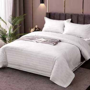 LUNA Home-Premium King size 6 pieces Plain white striped design, bedding set.