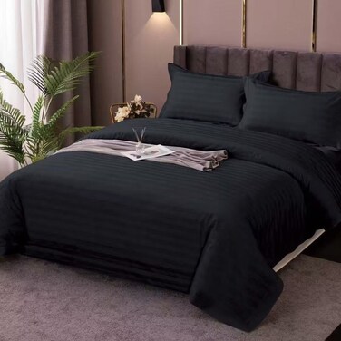 LUNA Home-Premium King Size 6 Pieces striped design, Plain duvet cover set, Black color.
