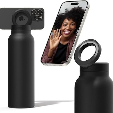 Magnetic Water Bottle with Magnetic Phone Holder, Compatible with Magnetic Safety Phone Mount/Tripod for iPhone, 24H Cold/12H Hot, Stainless Steel 800ML Double Wall Bottle for Gym Sport (Black)
