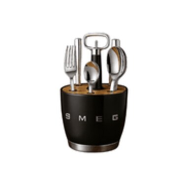 SMEG -Set for 6 person, complete set. Retro Stainless Steel Cutlery Holder for Kitchen with Knife,Fork,Spoon Black.