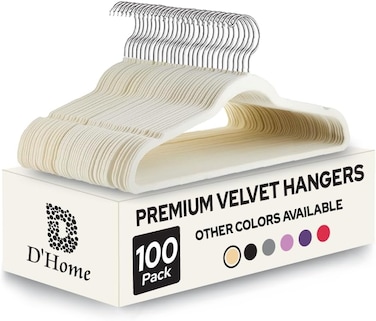 D&rsquo;Home 100-Pack Beige Non-Slip Velvet Hangers 45cm With 360 Degree Rotatable Hook - Durable &amp; Slim - Non Slip Hangers for Coat Hangers - Pant Hangers&hellip;