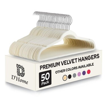 D&rsquo;Home 50-Pack Beige Non-Slip Velvet Hangers 45cm With 360 Degree Rotatable Hook - Durable &amp; Slim - Non Slip Hangers for Coat Hangers - Pant Hangers&hellip;