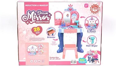 Dream Mirror Kids Vanity Table Set with Light, Music, Hair Dryer, 28 Pieces, Princess Style Makeup Dressing Table with Stool