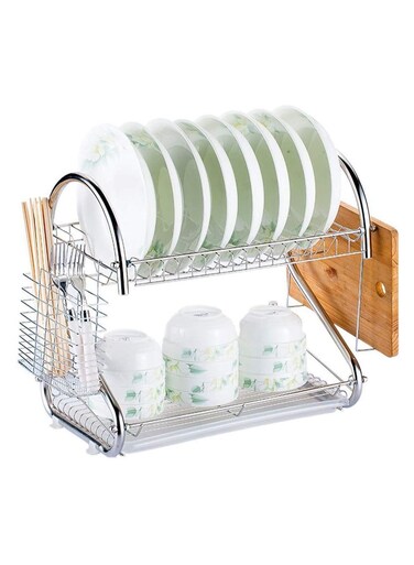 Dish Drying Rack Over the Sink, 2-Tier Dish Rack with Utensil Holder, Water Cup Holder and Drain Board for Kitchen Counter
