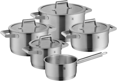 WMF Comfort Line 5-Piece Induction Saucepan Set with Glass Lid, Matt Cromargan Stainless Steel, Scale, Induction Pots Set, Stackable, Uncoated