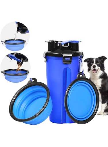 NeoStyle Dog Bowl,Dog Travel Water Food Bottle Bowl, 2 in 1 Portable Dog Water Bowl with 2 Collapsible Silicone Dog Bowls, Outdoor Travel Walking Camping Hiking Dog Water Bowl (blue)