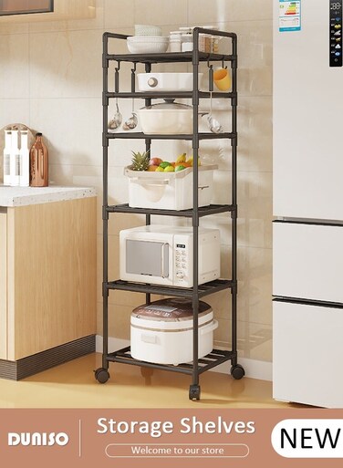 6 Tier Storage Shelves, Stable Kitchen Shelf Organizer, Metal Storage Rack with Rolling Wheels and Armrests, Removable Free Standing Rack with 4 Hooks, Multipurpose Rack, Shelving Unit for Laundry Room,Living Room,Garage,Pantry,Study Room