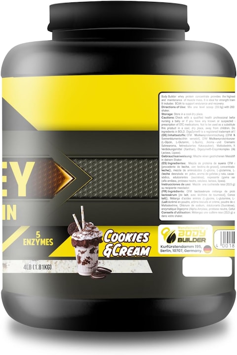 Body Builder 100% Whey Protein, 25g Protein, BCAAs, Glutamine, Digestive Enzymes For Lean Muscle Growth &amp; Endurance, Suitable For Vegetarians &amp; Keto Dieters (Cookies And Cream, 4 LB)