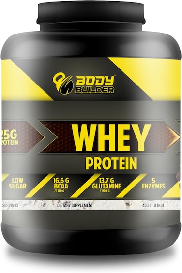 Body Builder 100% Whey Protein, 25g Protein, BCAAs, Glutamine, Digestive Enzymes For Lean Muscle Growth &amp; Endurance, Suitable For Vegetarians &amp; Keto Dieters (Cookies And Cream, 4 LB)